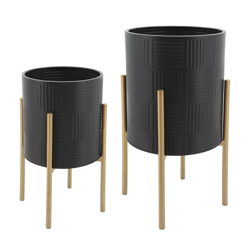 Sagebrook Home 14&#34; Wide 2pc Planter Pot with Lines on Metal Stand Black/Gold, 1 of 8