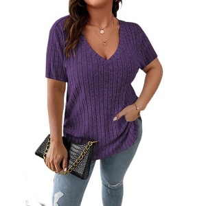 Women's Plus Size V Neck Tops  Casual Color Shirts Lightweight Short Sleeve Blouses - 1 of 3