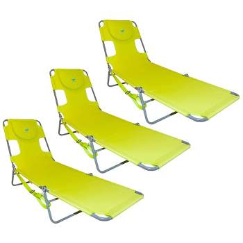 Ostrich Chaise Lounge Outdoor Portable Folding 3 Position Chair for Beach, Patio, Camp, and Pool with Carrying Strap, Neon Green (3 Pack)
