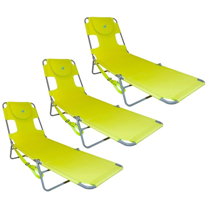 Ostrich Chaise Lounge Outdoor Portable Folding 3 Position Chair for Beach, Patio, Camp, and Pool with Carrying Strap, Neon Green (3 Pack), 1 of 7