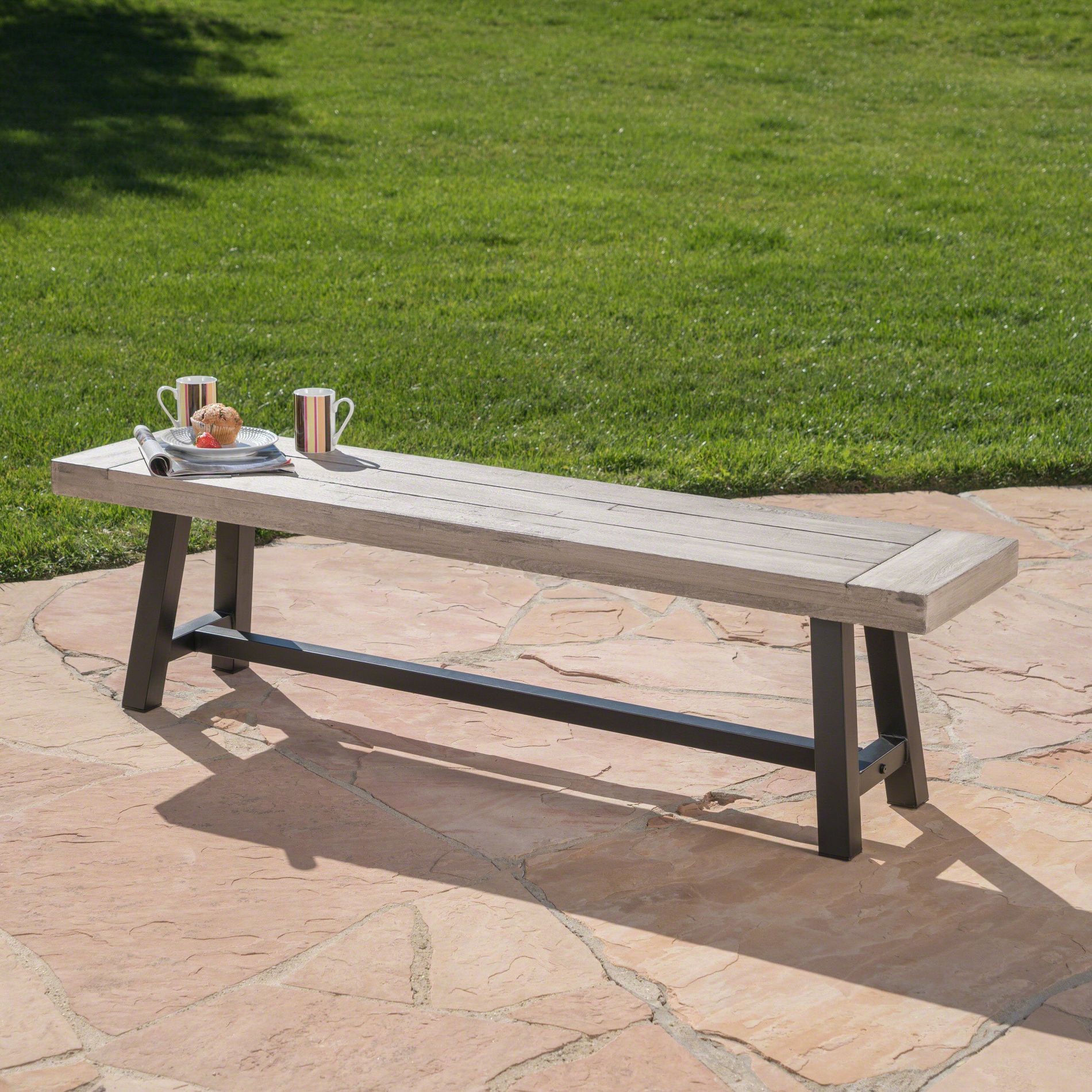 Light Grey Sandblast Finish Acacia Wood Bench with Black Rustic Metal Finish Frame