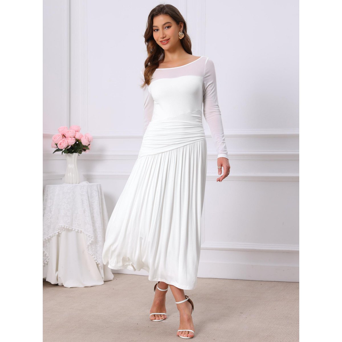 Женские платья INSPIRE CHIC Women's Wedding Guest Pleats Ruched Long Sleeve Crewneck Evening Maxi Flowy Dress Medium White — фото 3