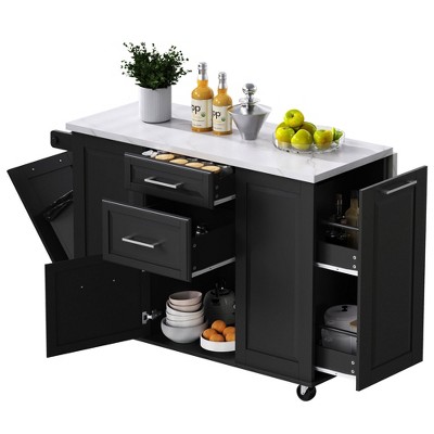 Vynxaria 50.7"Kitchen Island - Tilt Trash Cabinet (Fits 9-Gallon Can), 2-Tier Pull-Out Organizer,5 Rolling Wheels for Kitchen&Dining Room,Black