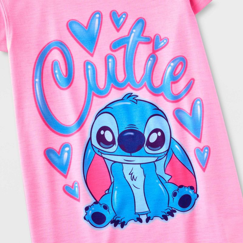 Girls' Lilo & Stitch 'Cutie' 2pc Short Sleeve Top and Shorts Pajama Set - Pink/Blue, 3 of 4