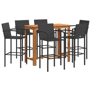 vidaXL 7-Piece Patio Bar Set - Black PE Rattan & Acacia Wood - Outdoor Garden Furniture with Bar Table and Six Stools - 1 of 4