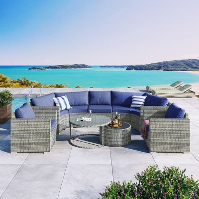 Whisen Modern Style Outdoor Half-moon Patio Sofa Set, 9-Pieces Round Sofa Set