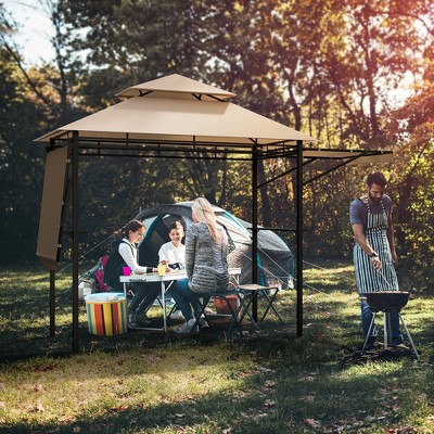 Beige and Black Steel Grill Gazebo with Side Awnings