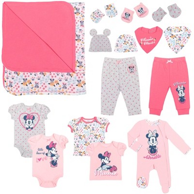 Disney Minnie Mouse Newborn Baby Girls 15 Pc Set Sleep N' Play Coverall Bodysuit Tee Pants Bibs Hat Mitts Blanket 0-6 Months