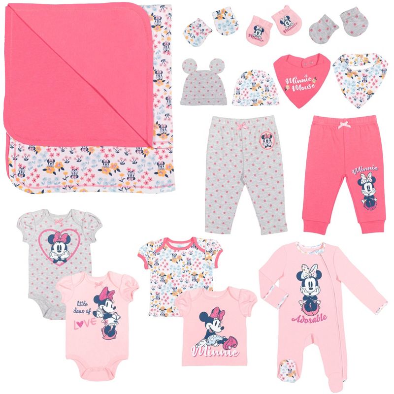 Disney Minnie Mouse Newborn Baby Girls 15 Pc Set Sleep N' Play Coverall Bodysuit Tee Pants Bibs Hat Mitts Blanket 0-6 Months, 1 of 10