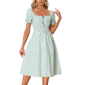 Allegra K Women's Summer Floral Puff Sleeve Square Neck Midi Smocked Dresses - 1 of 4