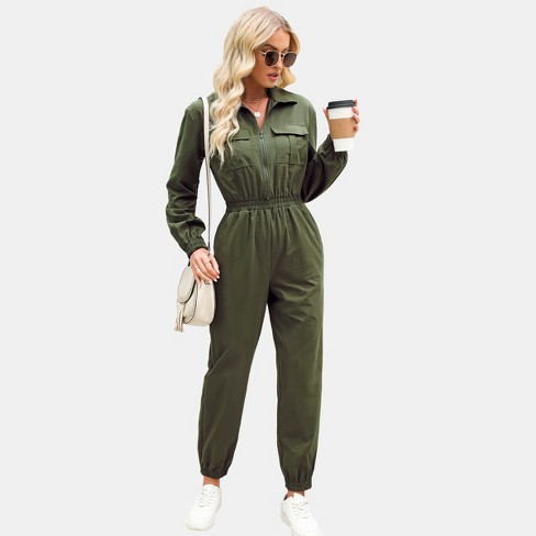 Express, Soft Zip Front Utility Jumpsuit in Olive Green