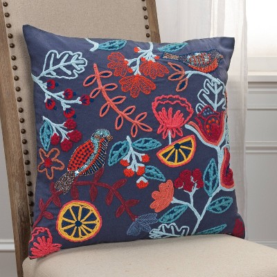17" Square Dark Blue Embroidered Floral Throw Pillow