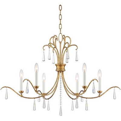 Possini Euro Design Gold Leaf Finish Chandelier 37" Wide Modern Glam Clear Glass Crystal 6-Light Fixture Dining Room House Foyer