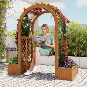 Wood Garden Arbor with Planter Boxes and Swing Outdoor Arch Trellis with Pergola for Climbing Plants Vines Grapes Backyard Wedding Party Decor - 1 of 4