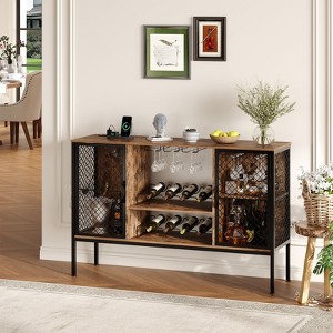 Industrial Coffee Bar Cabinet with Led Lights and Power Outlets, Wood Liquor Cabinet , Glass Holders & Storage - 1 of 4