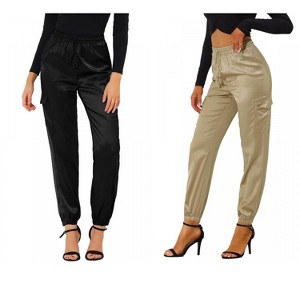 Allegra K Women's Drawstring Elastic High Waist Cargo Pocket Silky Satin Pants 2 Packs - 1 of 4