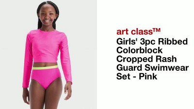 Girls' 3pc Ribbed Colorblock Cropped Rash Guard Swimwear Set - Art