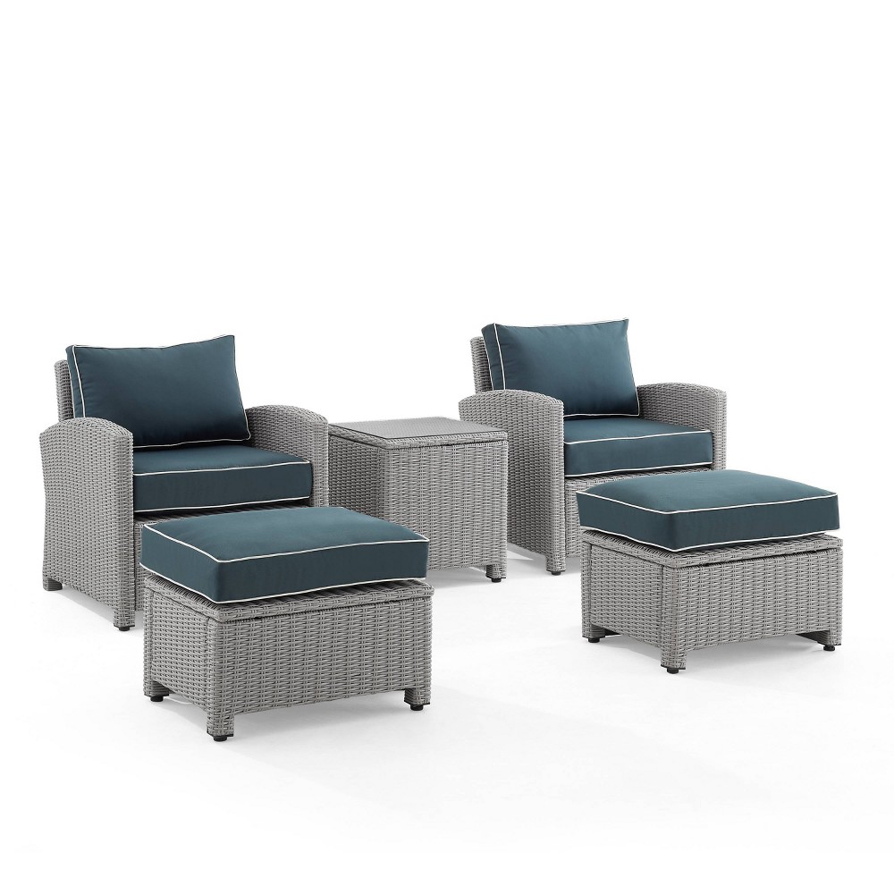 Bradenton 5pc Outdoor Wicker Seating Set with Side Table, 2 Arm Chairs and 2 Ottomans - Navy/Gray - Crosley -  82325887