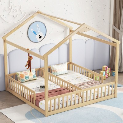 Okak Double Twin House-Style Roof Bed Frame with Guardrails,Modern Floor Bed for Toddlers/Kids Bedroom