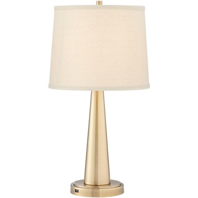 Gold Modern Table Lamps with USB Ports and Beige Drum Shades, Set of 2