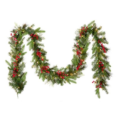 National Tree Company Pre-Lit 'Feel Real' Artificial Christmas Garland, Green, Classical, White Lights, With Berry Clusters, Plug In,9 Feet