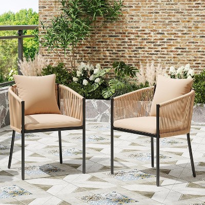 VisioGear Patio Accent Table Sets, 2 Pieces Outdoor Dining Set with Cushions, Patio Furniture Chairs for Garden, Beige, 22.05”*24.41“*30.71”
