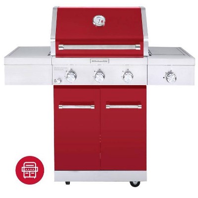 KitchenAid 3-Burner Gas Grill with with Side Burner and Grill Cover 720-0953DCO - Red