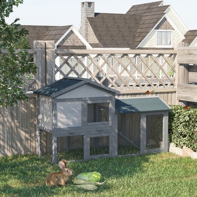 Dark Gray and White Wooden Guinea Pig Hutch with Run