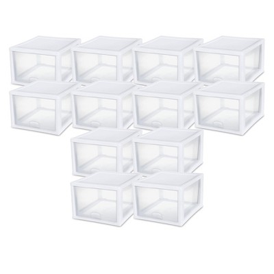 Sterilite 27 Quart White Frame Clear Plastic Stackable Storage Container Bin w/ Single Drawer for Craft, Pantry, Sink, & Desktop Organization, 12 Pack