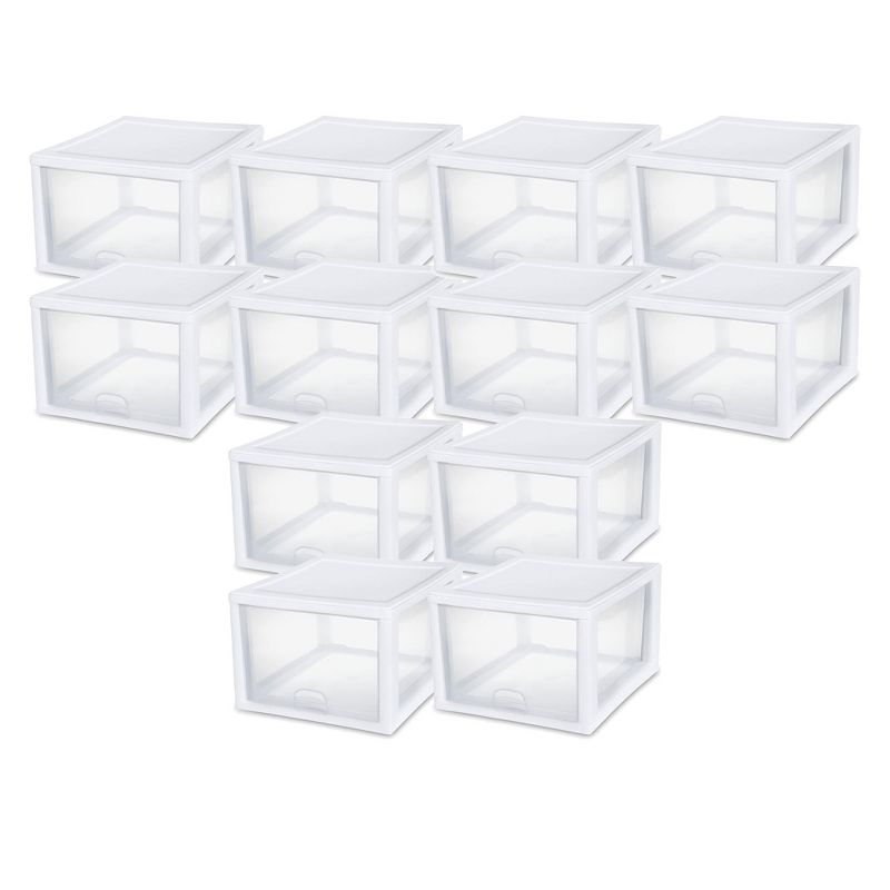 Sterilite 27 Quart Plastic Stackable Storage Container Bin w/Built-in Handles and Removable Lids, Clear Base w/White Frame, 1 of 8
