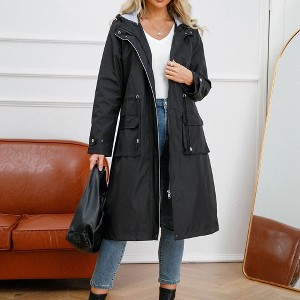 Women Fall Casual Rain Jacket Long Sleeve Waterproof Long Raincoat Hooded Windbreaker Fashion Outdoor Trench Coat - 1 of 4
