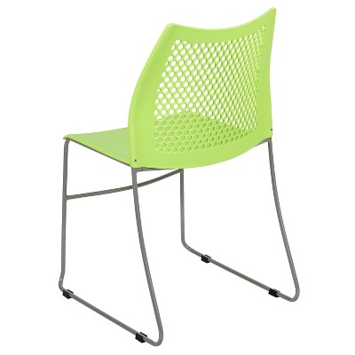 Green Metal Armless Stacking Chair with Perforated Back