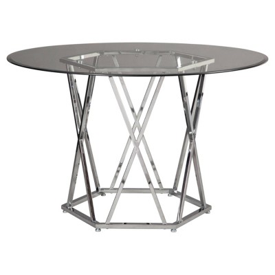 Signature Design by Ashley Madanere Round Dining Room Table Chrome: 4-Seat Glass Top, Pedestal Base, 47" Width