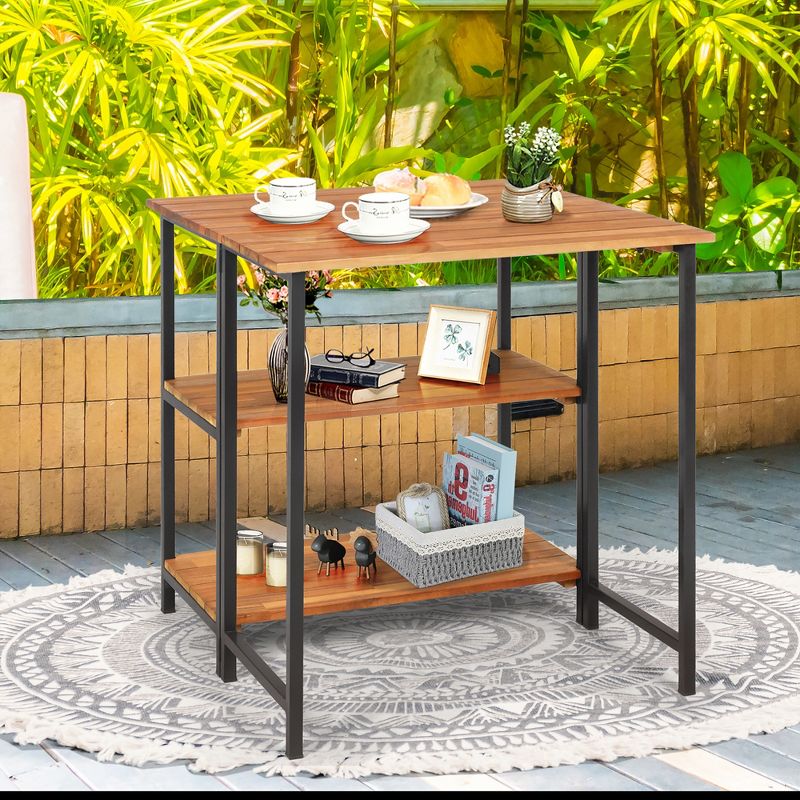 Costway Patio Acacia Wood Folding Dining Table Storage Shelves Garden Deck, 4 of 11