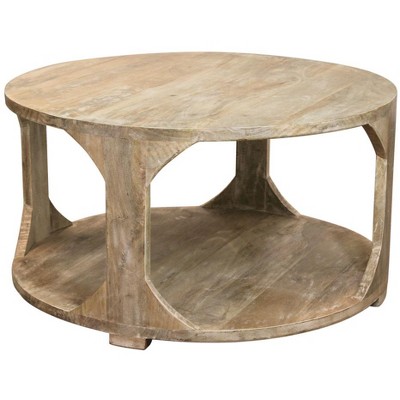 HomeRoots 34" Natural Solid Wood Round Distressed Floor Shelf Coffee Table With Shelf