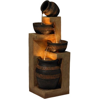 Rustic Stoneware Bowl and Jar Cascading Floor Fountain with LED Light