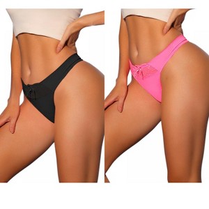 Allegra K Women's Low Waisted Smooth Elastic Lace Waist Solid Thongs 2 Packs - 1 of 4