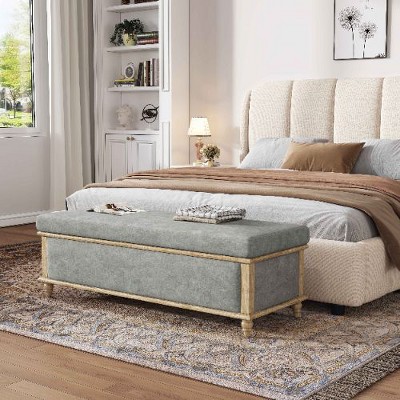 CAVINAS French Rustic Storage Ottoman Bench, Upholstered Ottoman Foot Rest, Rectangular Bedroom End Bench with Weathered Wood Frame