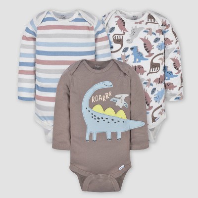 Image of Gerber Baby Boys' 3pk Dino Long Sleeve Onesies - White/Brown