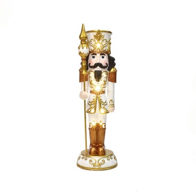 LuxenHome Lighted White and Gold Nutcracker Soldier with Scepter, Battery-Op Christmas Decor