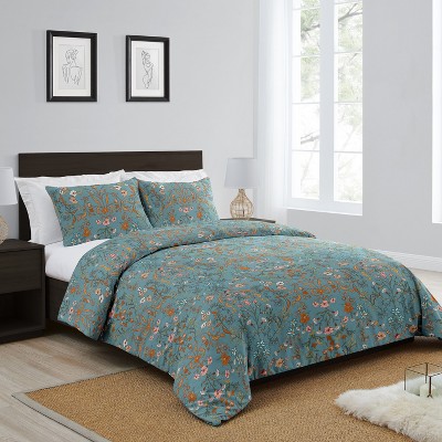 Boho Blue and Orange Floral King Duvet Cover Set