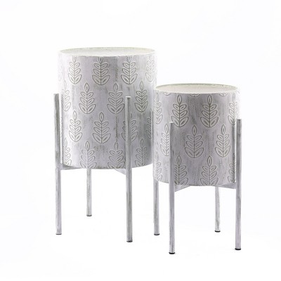 Elegant White and Sage Metal Leaf Embossed Planter Set with Stand