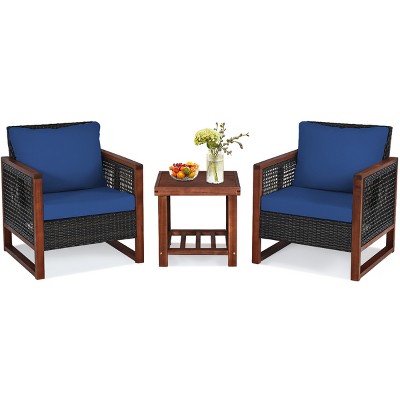 Tangkula 3PCS Patio Rattan Bistro Set Acacia Wood Frame Cushioned Sofa and Side Table