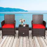 Costway 3PCS Patio Rattan Furniture Set Cushioned Sofa Glass Tabletop Deck Red\Blue\ White