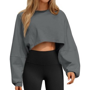 Comfort Cropped Sweatshirt with Long Balloon Sleeves Loose Fit Crew Neck Casual Workout Top - 1 of 4