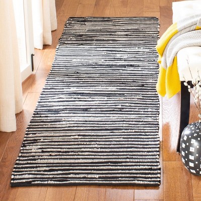 Handmade Black and Multicolor Wool Cotton Striped Runner Rug