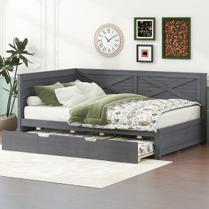 PAGED Twin Size Upholstered Daybed 81" L Modern Wooden Bed Frame with Trundle and 3 Storage Drawers for Bedroom, Living - 1 of 4