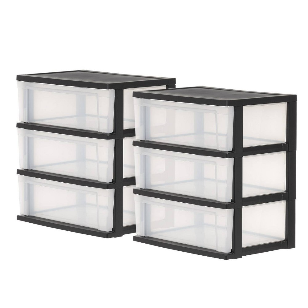IRIS 2pk 3 Drawer Plastic Storage Chests: Black Polypropylene Organizer, Universal Storage, Floor Freestanding