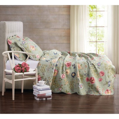 Full Sage Green Cotton Quilt Set with Floral Design