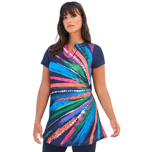 Swim 365 Women's Plus Size Longer Length Short-Sleeve Swim Tunic, 38 -  Rainbow Starburst